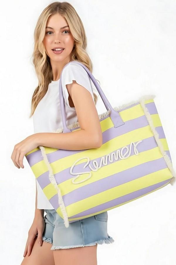 Sewn Rope Summer Letter Fringed Striped Tote Bag image