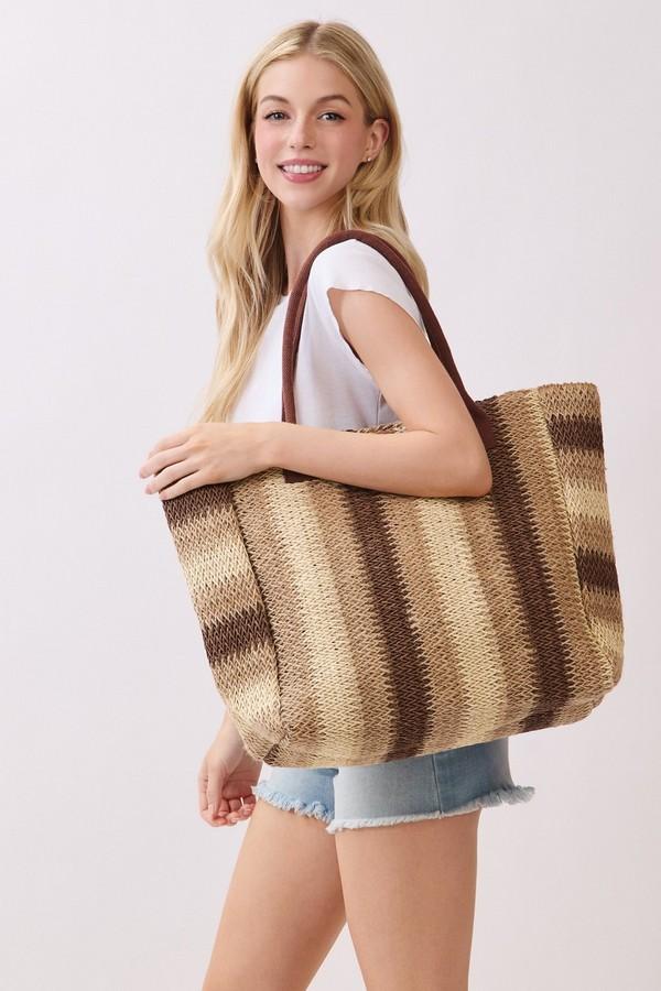 Natural Brown Multi Color Stripe Straw Tote Bag image