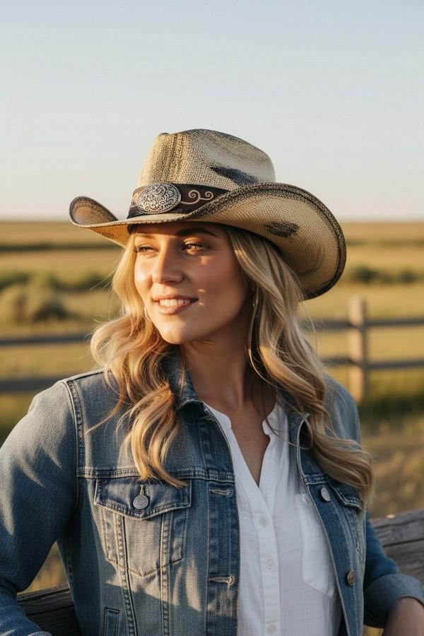 Antique Wash Straw Cowboy Hat With Ornate Oval Buckle Faux Leather Band image