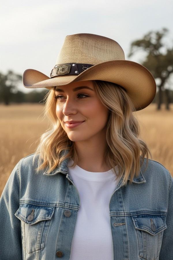 Rustic Cowboy Hat With Chain And Concho Detail Faux Leather Band image