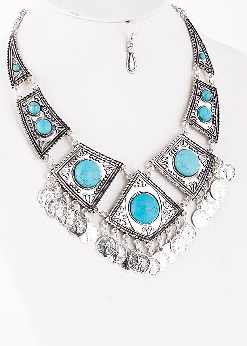 Turquoise Stone Bead Panel Statement Necklace 5ECA5 image