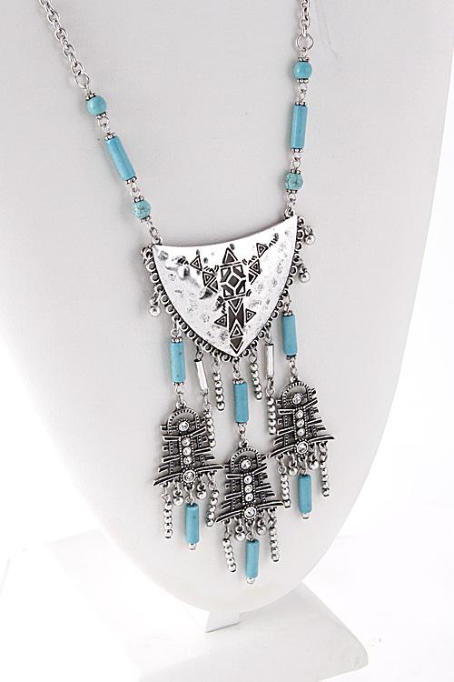 Turquoise Stone Bead Plate Charm Dangle Necklace 5EBF5 image