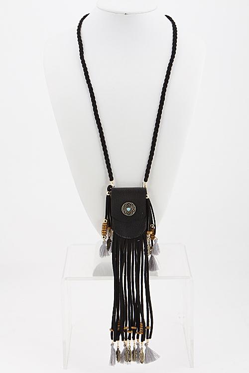 Tribal inspired Pouch Necklace with Feather and Tassel Detail 5JBD9 image