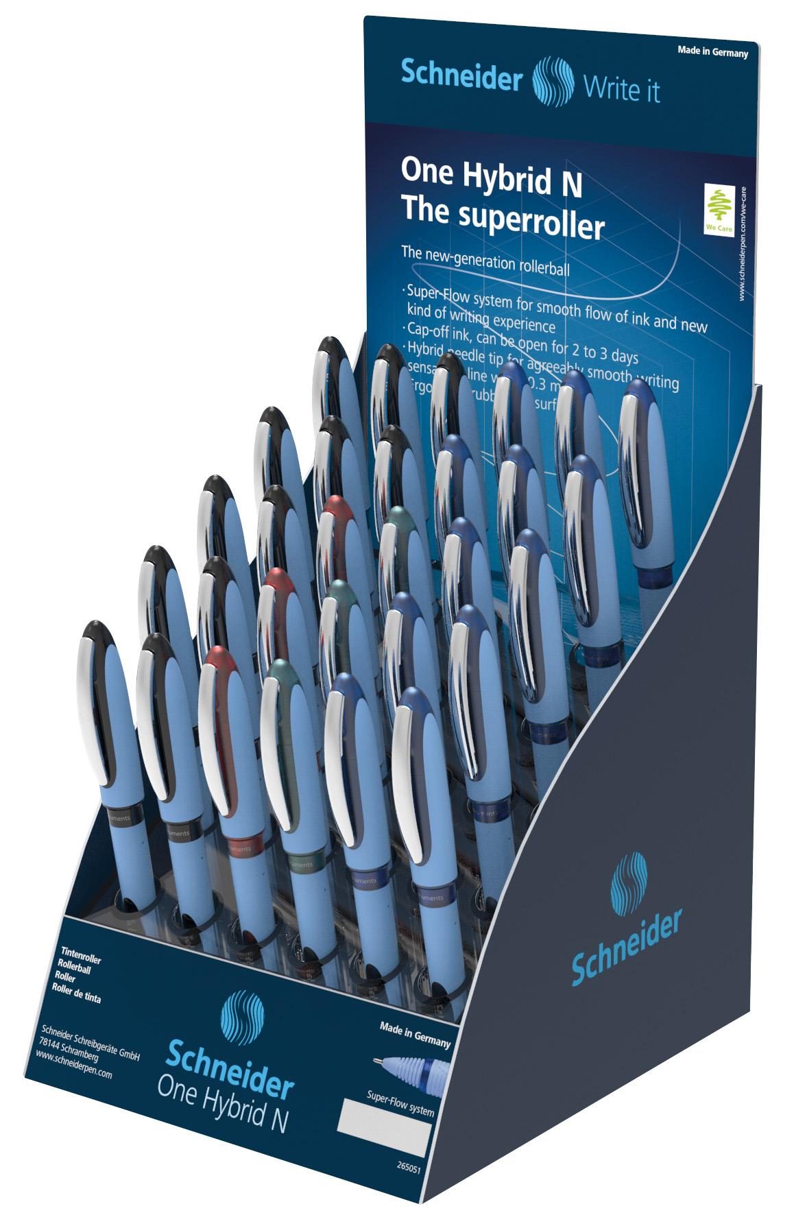 Schneider One Hybrid Rollerball Pen Display- Fine Needle Point, 30 Pens