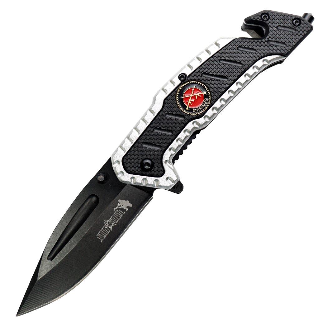 8 Inch Silver & Black Spring Assisted Folding Knife Heavy Duty Steel image