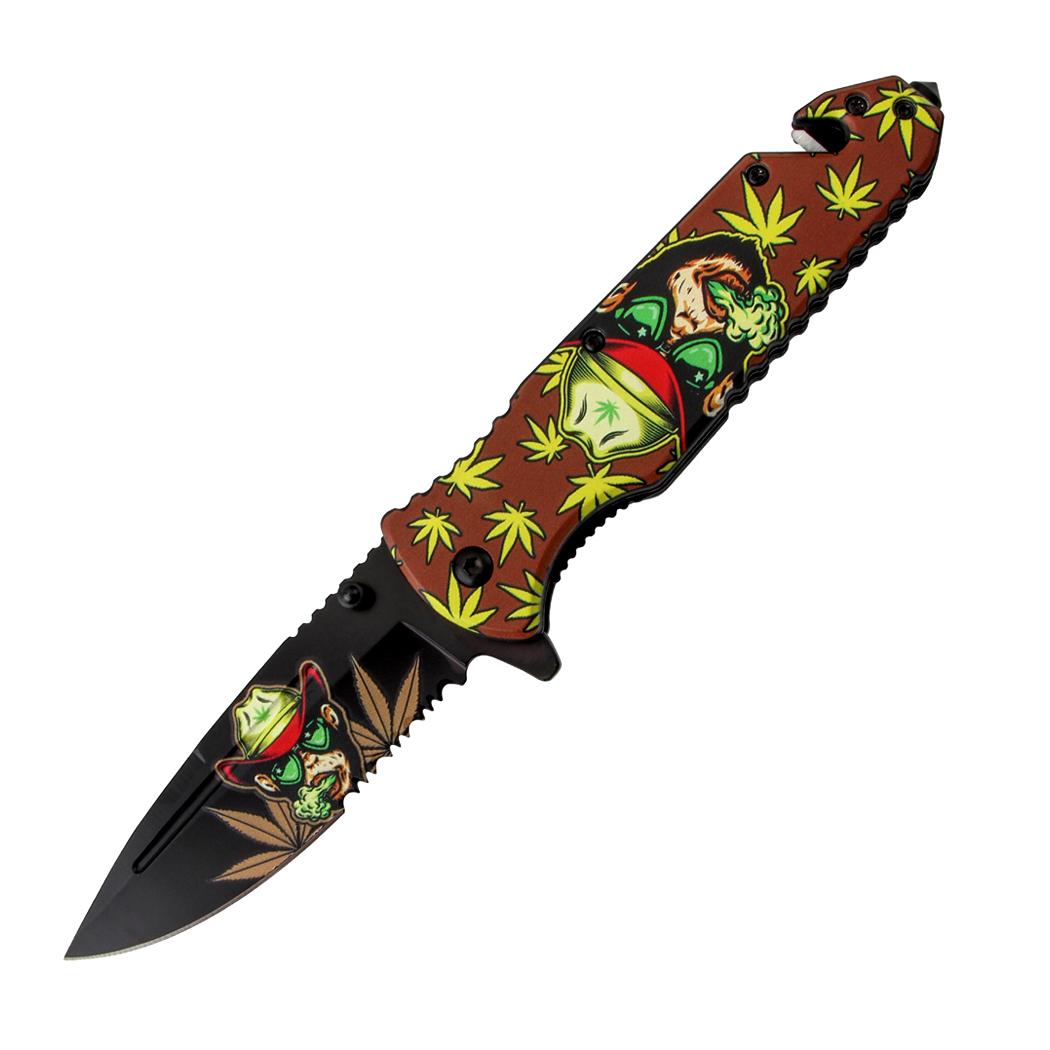 8.5 Inch Monkey Design Brown Handle Spring Assisted Folding Knife W/ Belt Cutter image