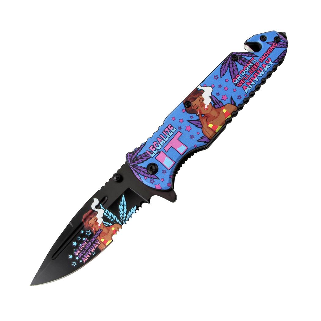 8.5 Inch Lady Design Blue Handle Spring Assisted Folding Knife W/ Belt Cutter image