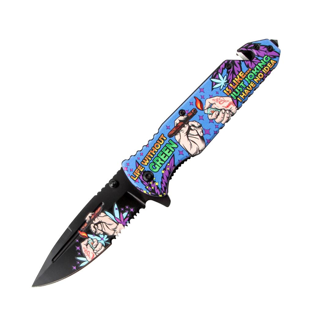 8.5 Inch Hands Design Blue Handle Spring Assisted Folding Knife W/ Belt Cutter image