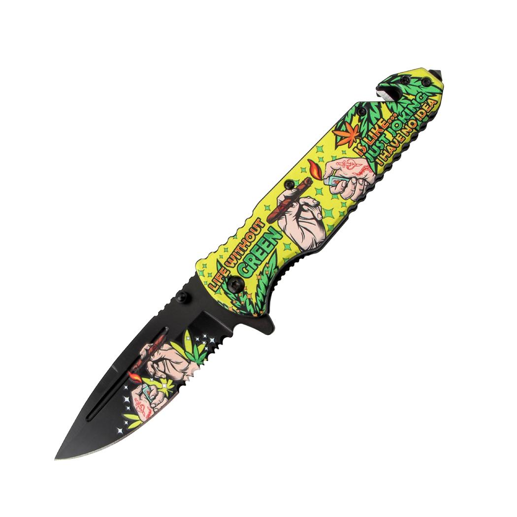 8.5 Inch Hands Design Yellow Handle Spring Assisted Folding Knife W/ Belt Cutter image