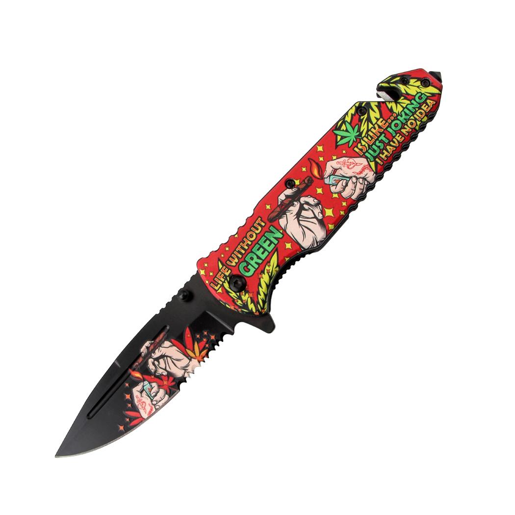 8.5 Inch Hands Design Red Handle Spring Assisted Folding Knife W/ Belt Cutter image