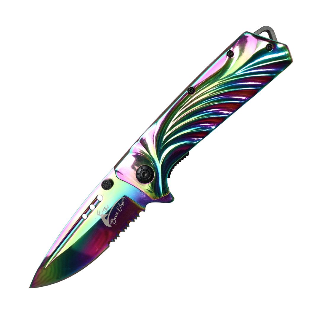 TheBoneEdge 9 Inch Shiny Rainbow Steel Handle Spring Assisted Folding Knife With Belt Clip