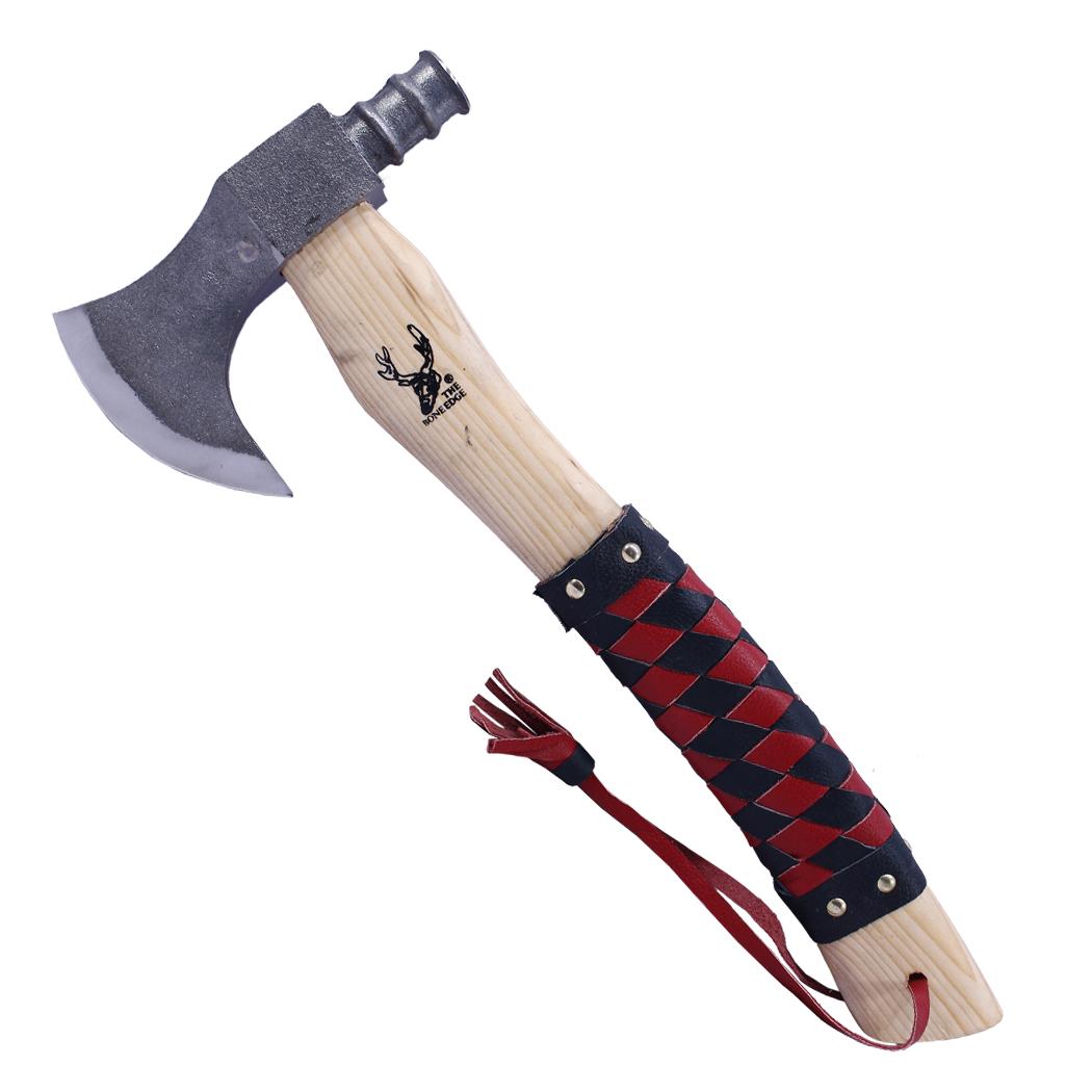 TheBoneEdge 18 Inch Red & Black Leather Wrapped Handle Steel Forged Blade Hunting Axe With Sheath