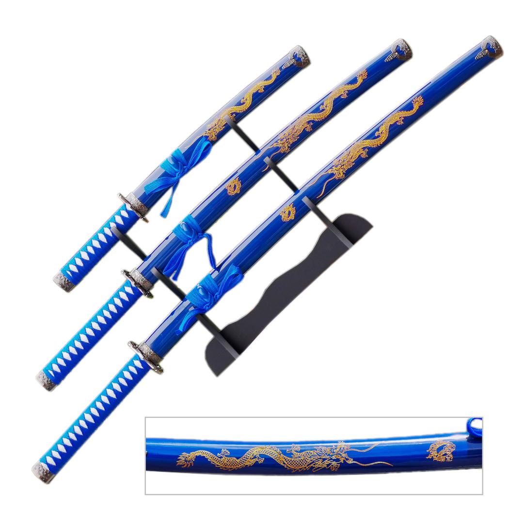 3-Piece Blue & Gold Dragon Samurai Sword Set with Display Stand image