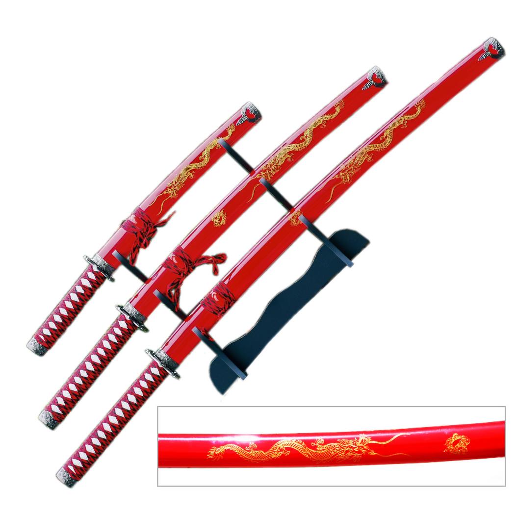 3-Piece Red & Gold Dragon Samurai Sword Set with Display Stand image