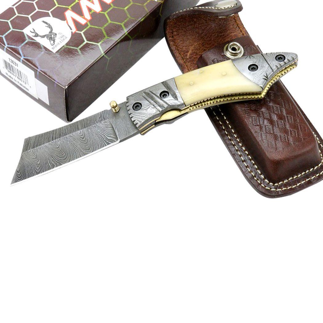 TheBoneEdge 7.5 Inch Damascus Blade Folding Knife Horn Handle Handmade with Sheath 13031