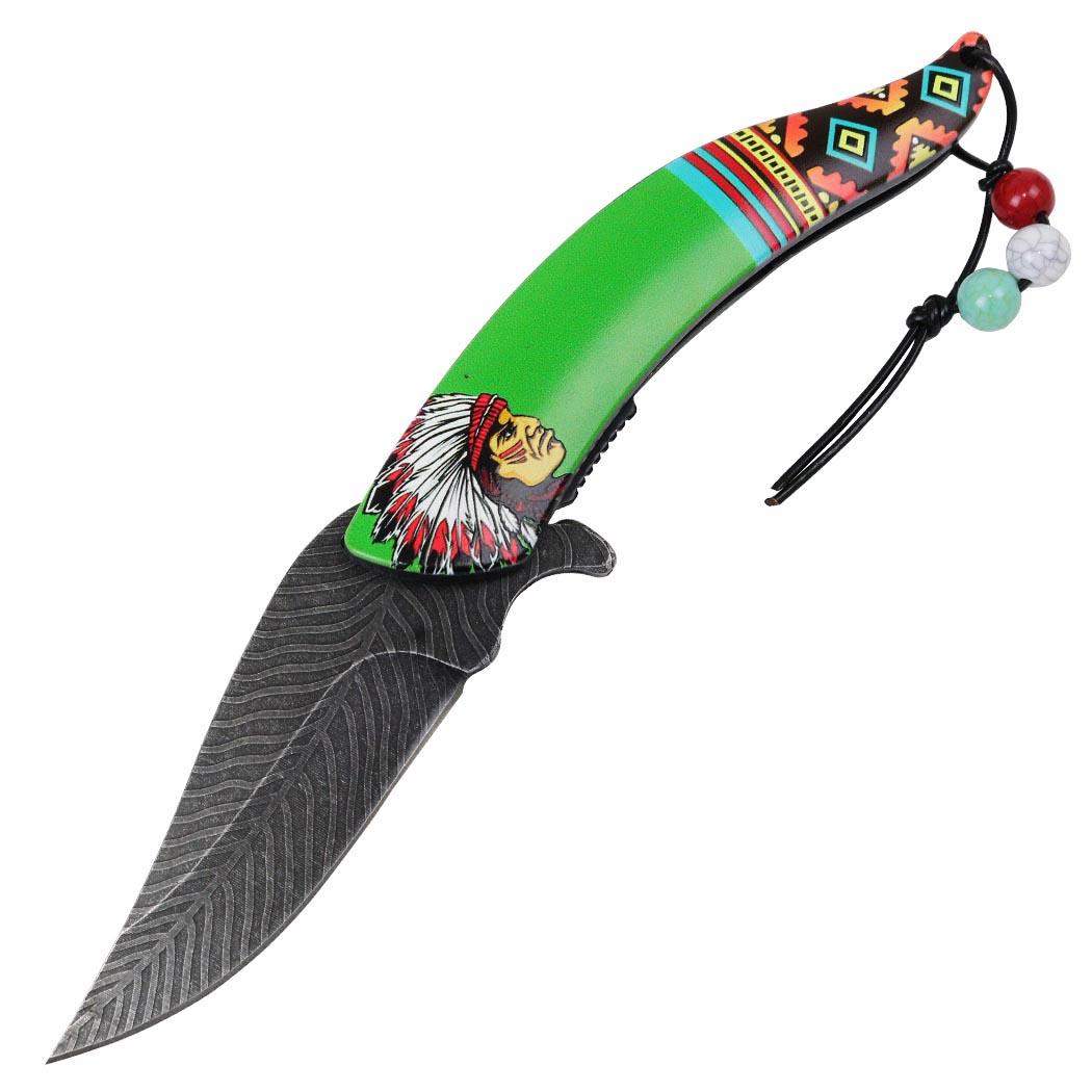 Defender 8 Inch Spring Assisted Folding Knife Native American Stainless Steel Green image