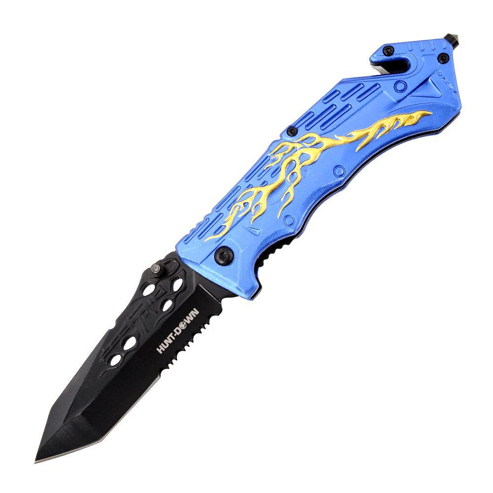 8" Hunt Down Blue Handle Tactical Team Spring Assisted Knife With Belt Clip