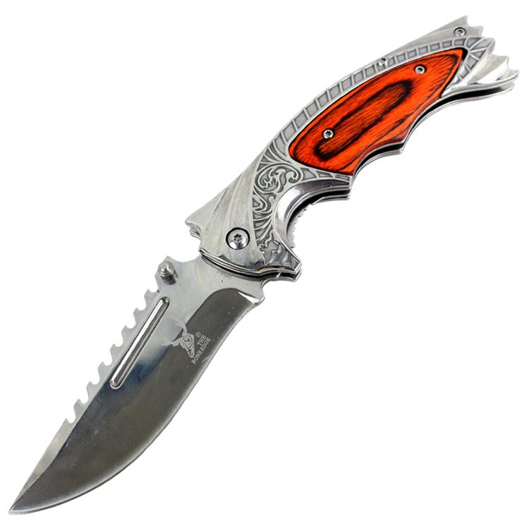 TheBoneEdge 8.5 Inch Spring Assisted Knife with Ridged Top Edge - Wood and Silver