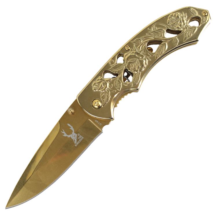 TheBoneEdge 8 Inch Spring Assisted Tactical Sharp Knife with Strap Holder - Gold