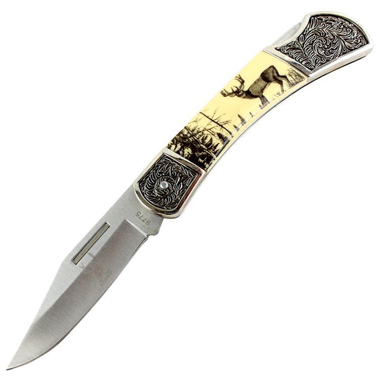 TheBoneEdge 7.5 Inch Folding Knife Deer & Wilderness Design Handle
