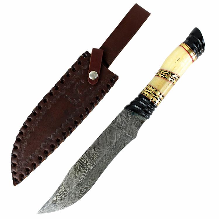 TheBoneEdge 13 Inch Damascus Steel Hunting Knife Horn Handle Outdoor Survival Camping