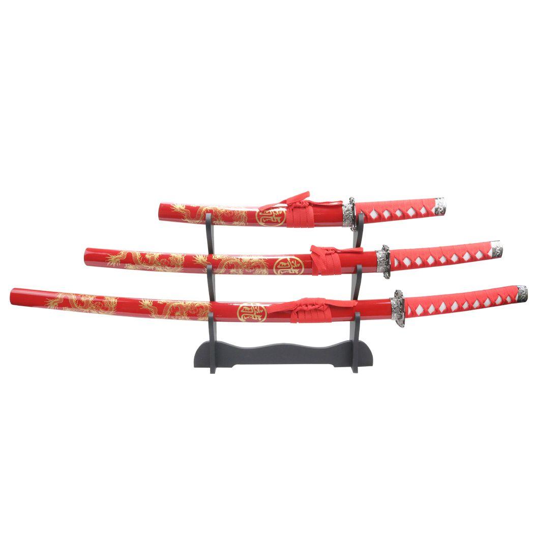 3pc Red Dragon Samurai Sword Set Carbon Steel Blades with Stand Good Quality image