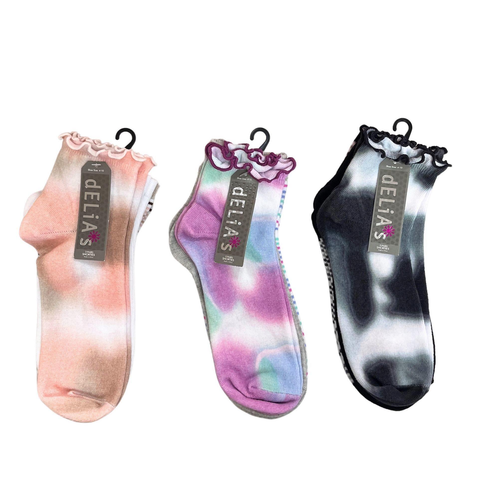 Delias Women's 3 Pack Assorted Colors Tie Dye Ankle Socks with Lettuce Edge Top image
