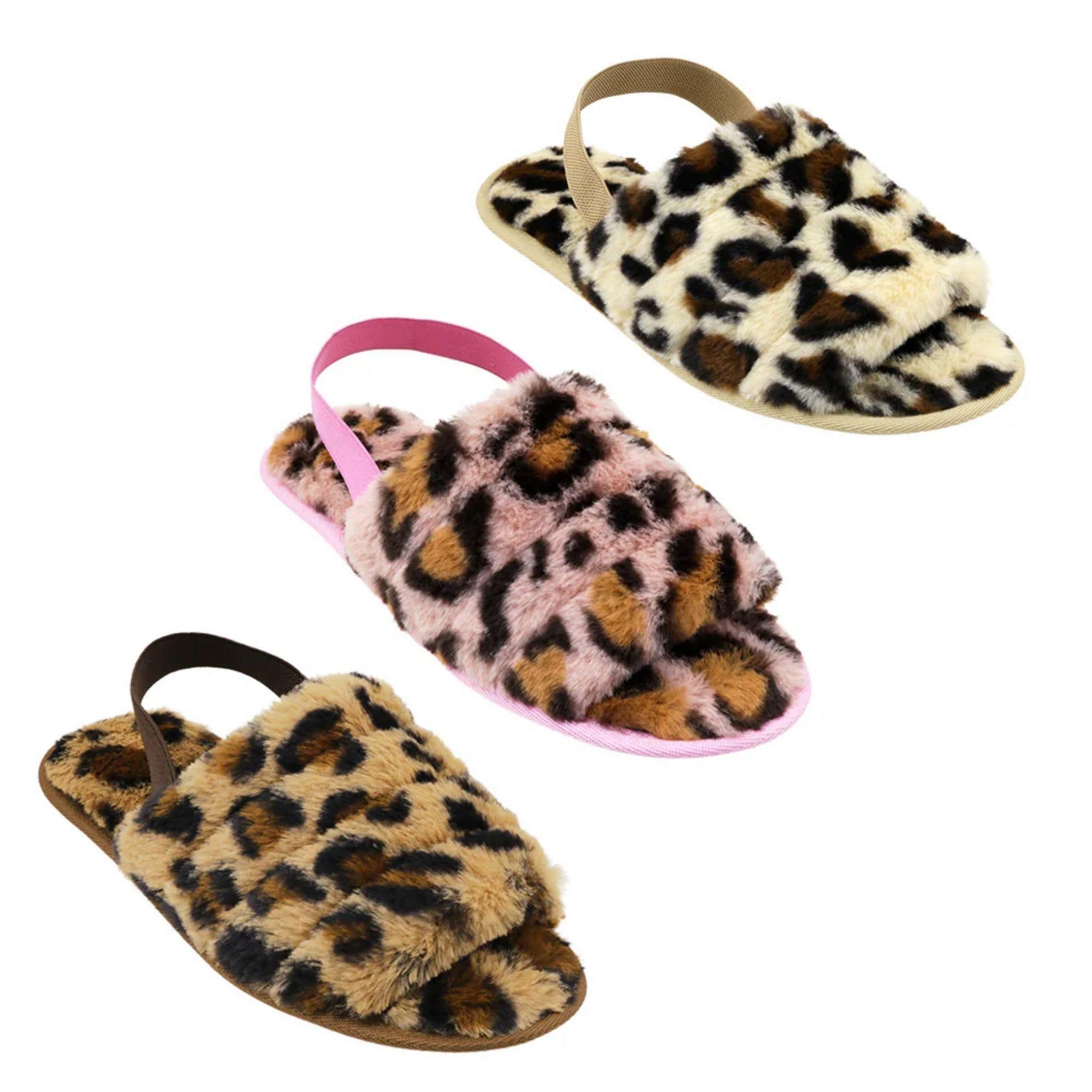 Assorted Colors Women's Animal Print Fuzzy Slippers with Heel Strap in Sizes 6-10 image