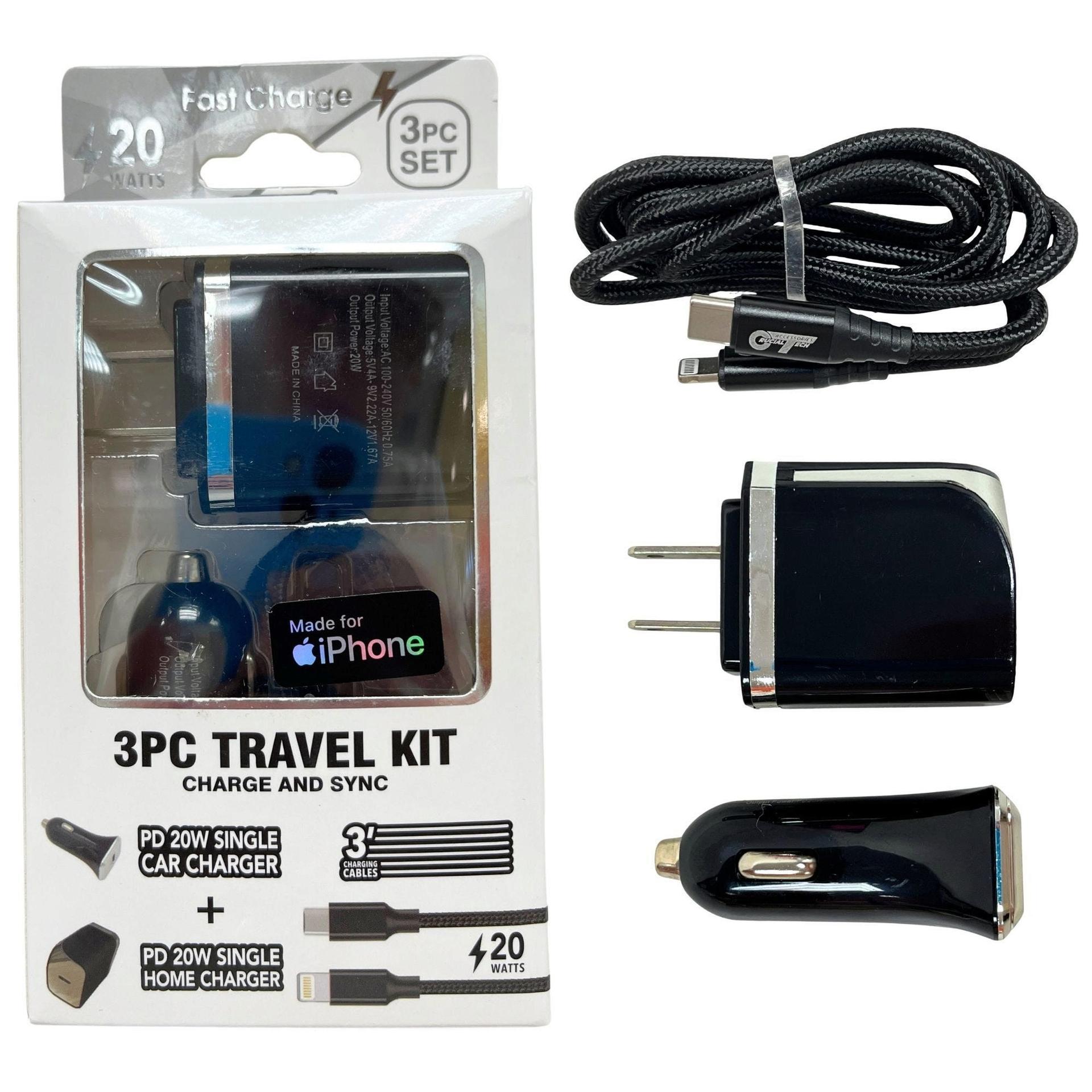 3 Pc Charge Kit with 3 Foot USB C to iPhone Lightning Cable with Home & Car Charger in Black image