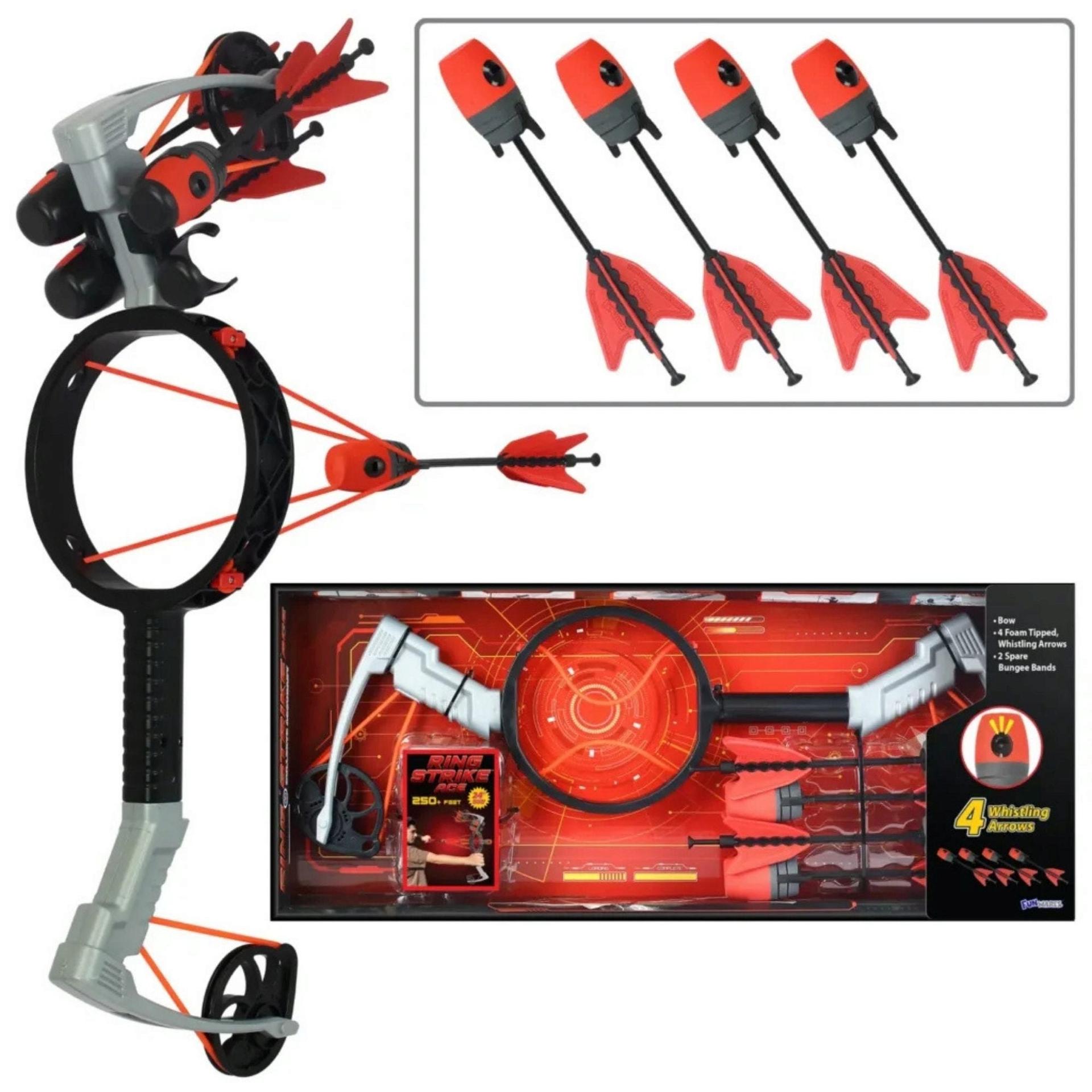 FunWares Silver and Black Ring Strike Ace Compound Bow Launcher with 4 Whistling Arrows in Open Display Box image