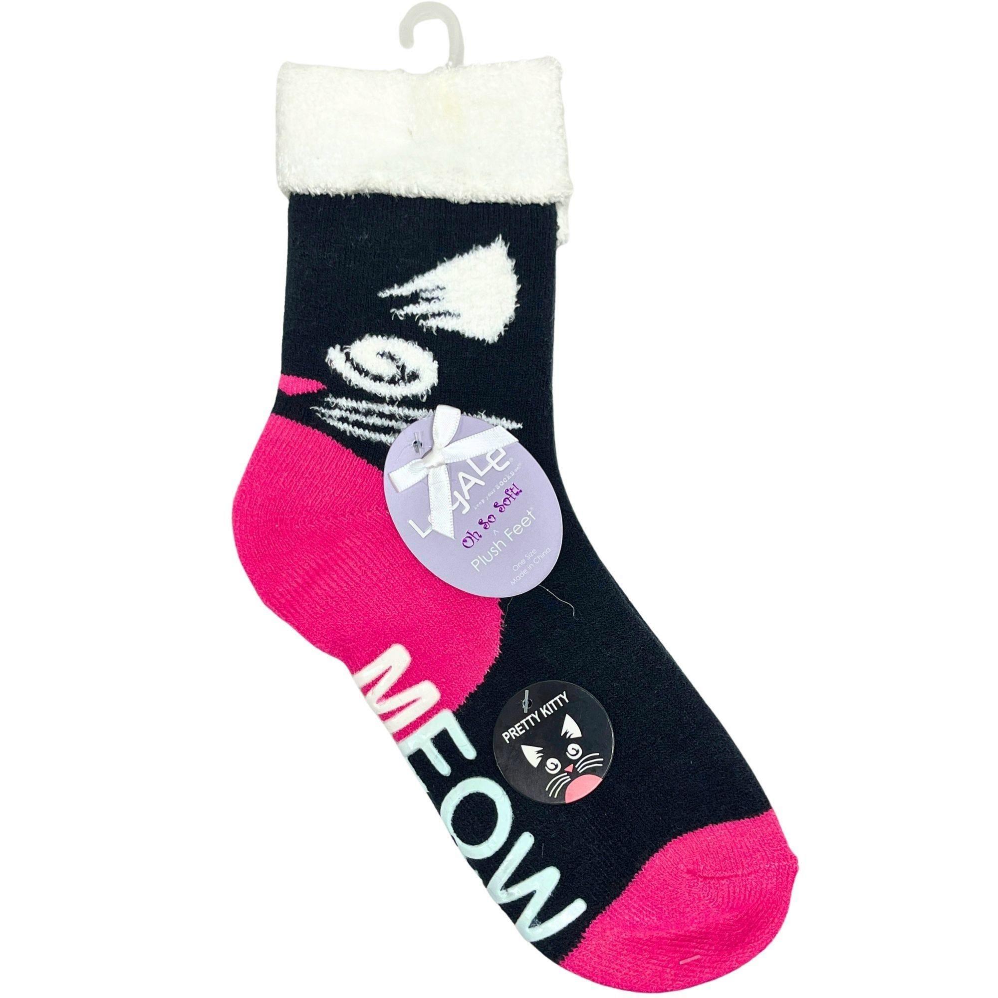 Legale 1 Pair Plush Socks Duo Layer Kitty Design w/ Grip Black One Size image