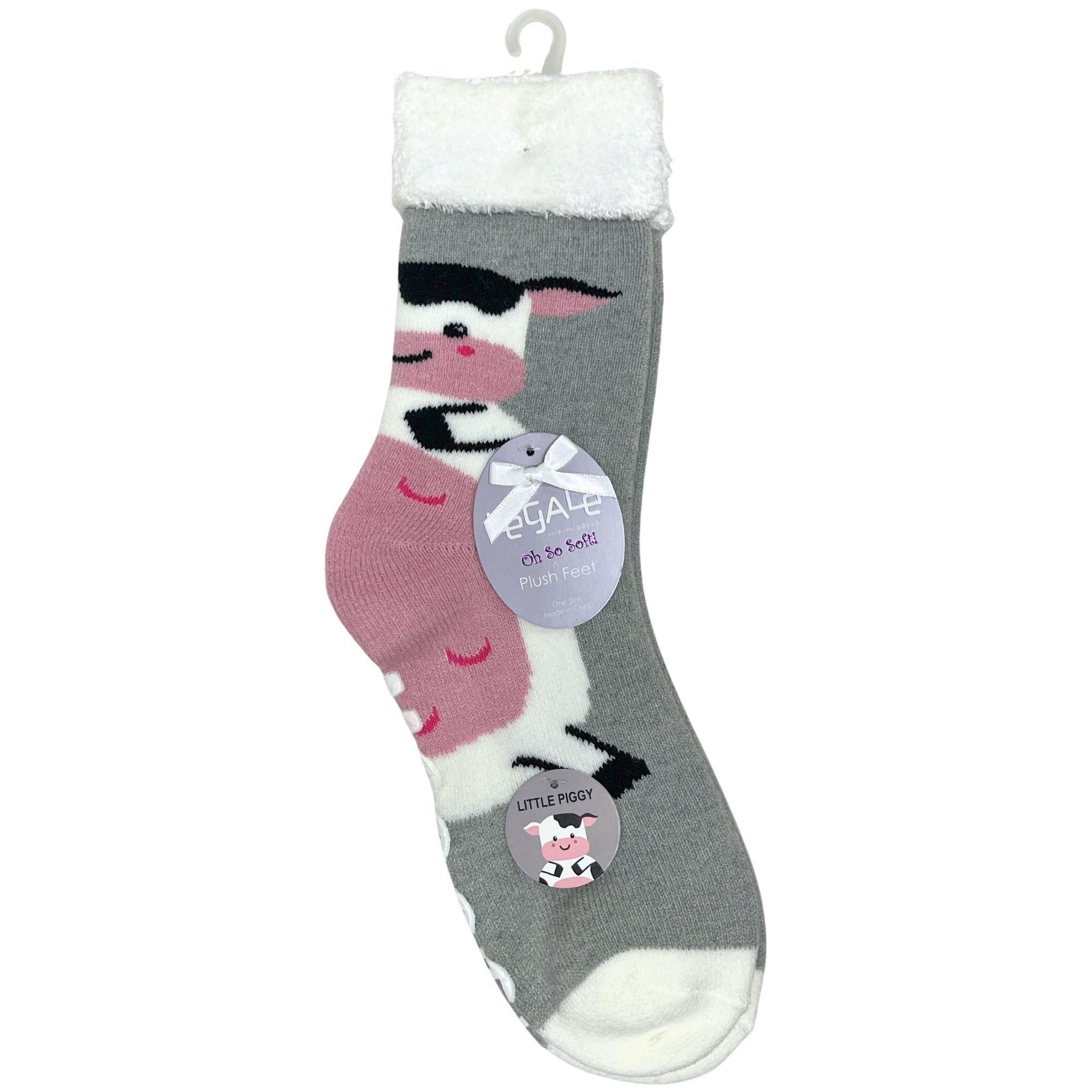 Legale 1 Pair Plush Socks Duo Layer Cow Design w/ Grip Grey One Size image