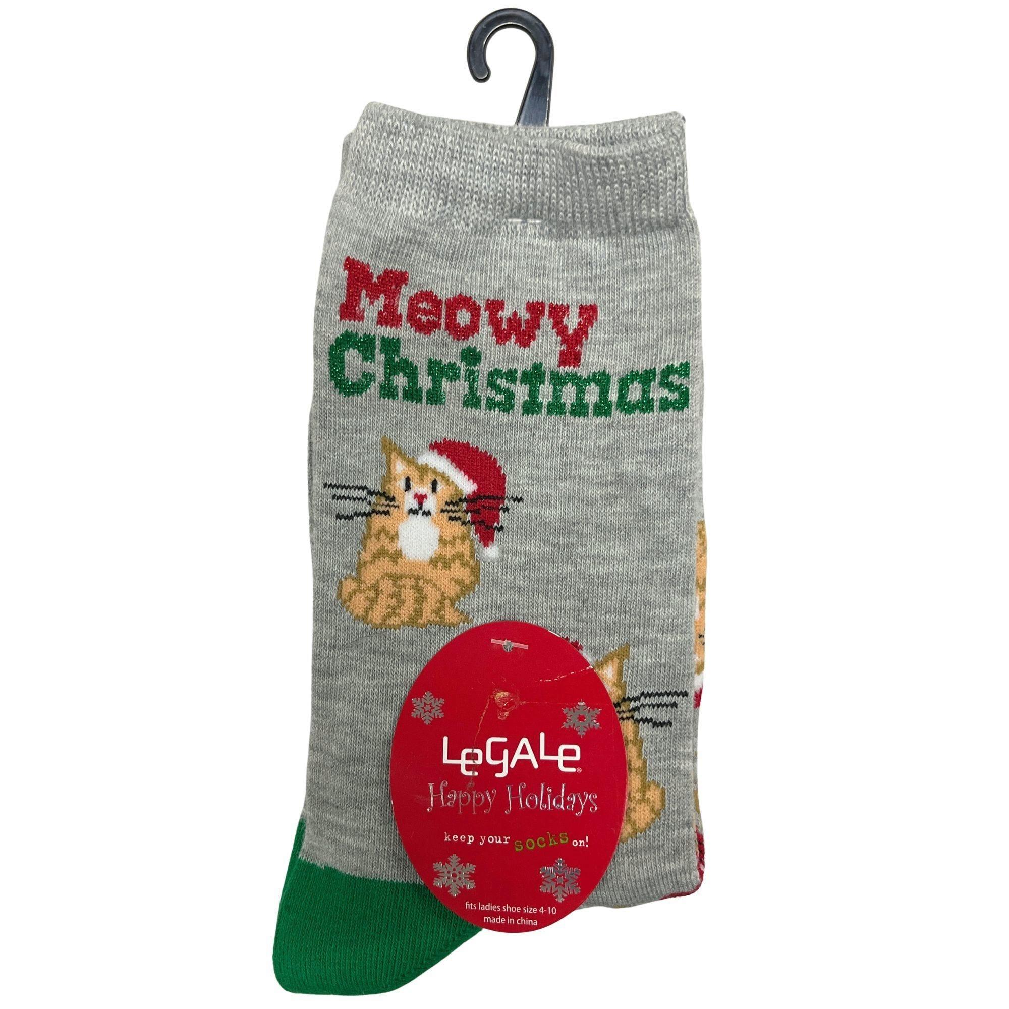 Legale 2 Pair Crew Socks Xmas Meowy Cat/Penguins Ladies Shoe Size 4-10