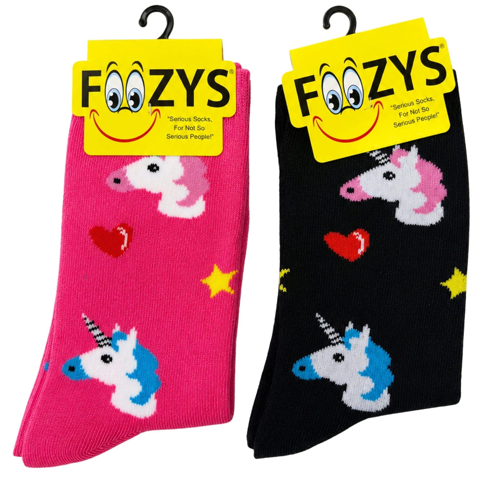 FOOZYS Crew Socks Assorted Black & Pink with Unicorn Design Size 9-11 image
