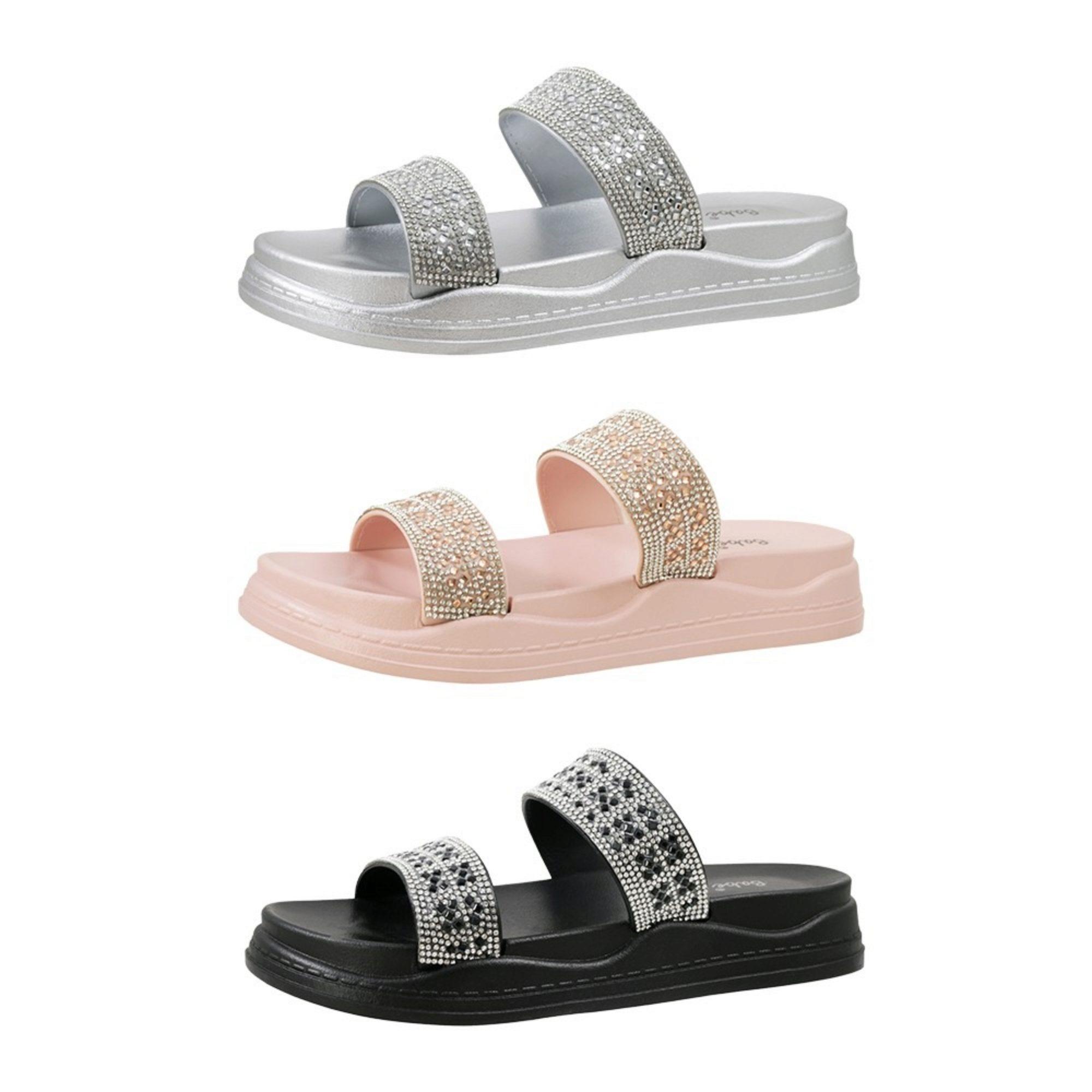 Women's Double Band Rhinestone Sandals with Comfort Insole in Assorted Colors Size 6-10 image