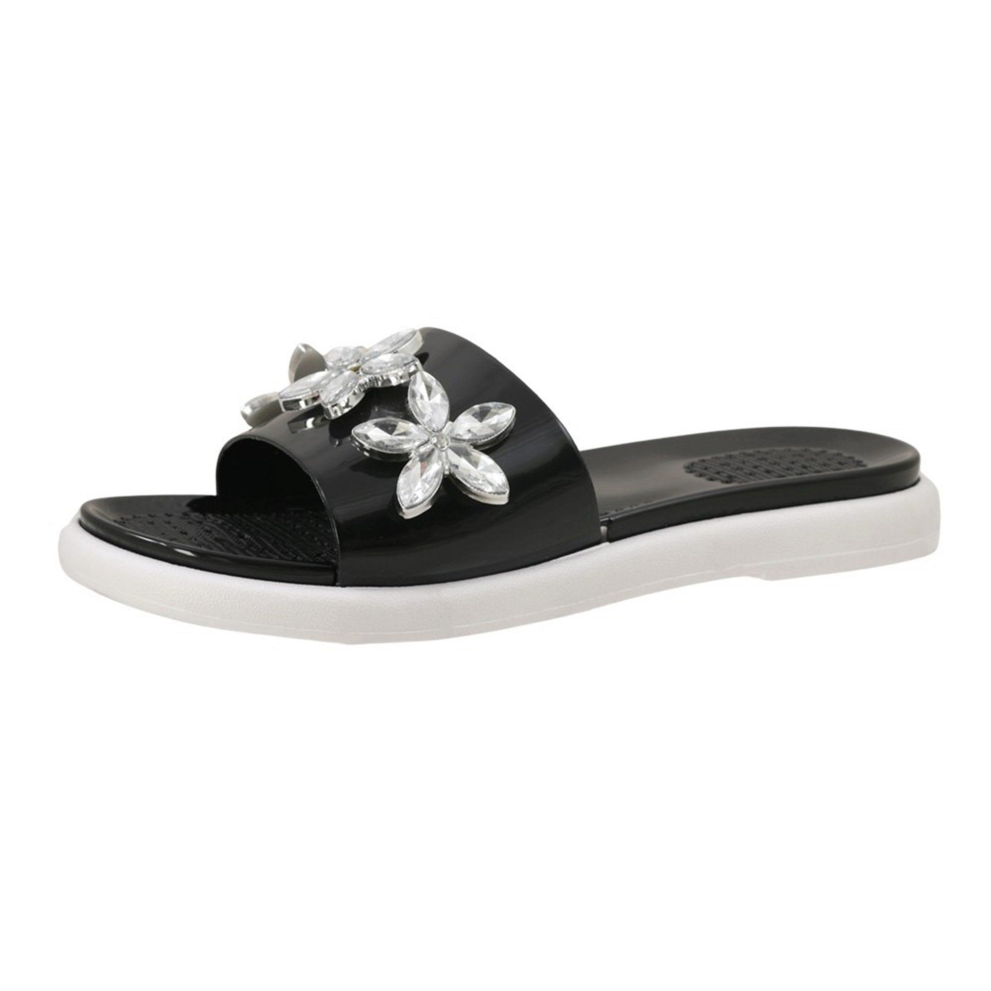 Women's Rhinestone Flower Comfort Insole Slide Sandals in Black Size 6-10 image