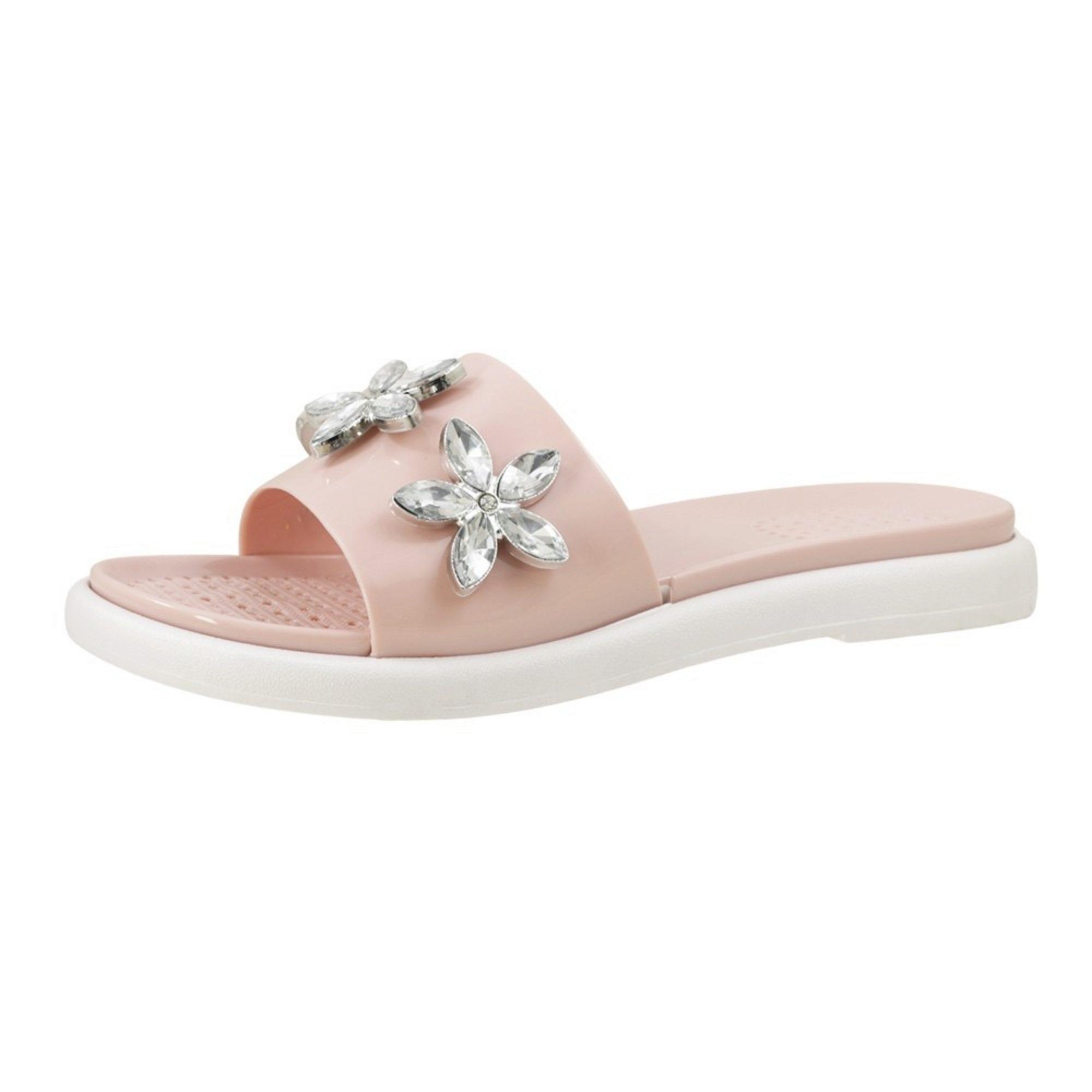 Women's Rhinestone Flower Comfort Insole Slide Sandals in Pink Size 6-10 image