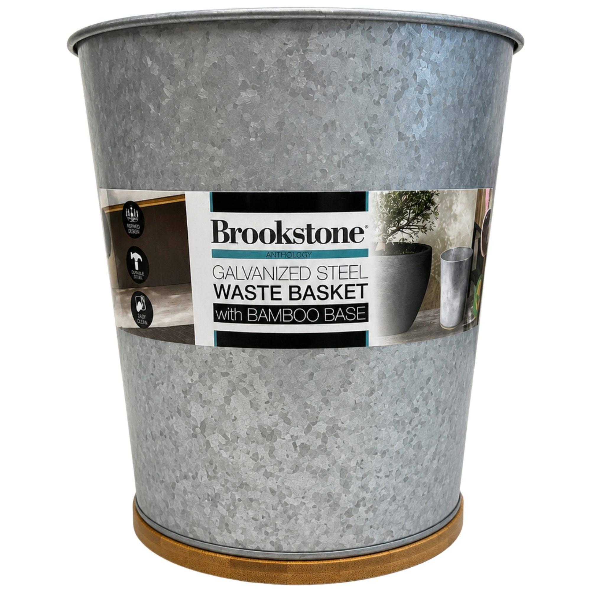 Brookstone 8 Liter Galvanized Steel Waste Basket with Bamboo Base image