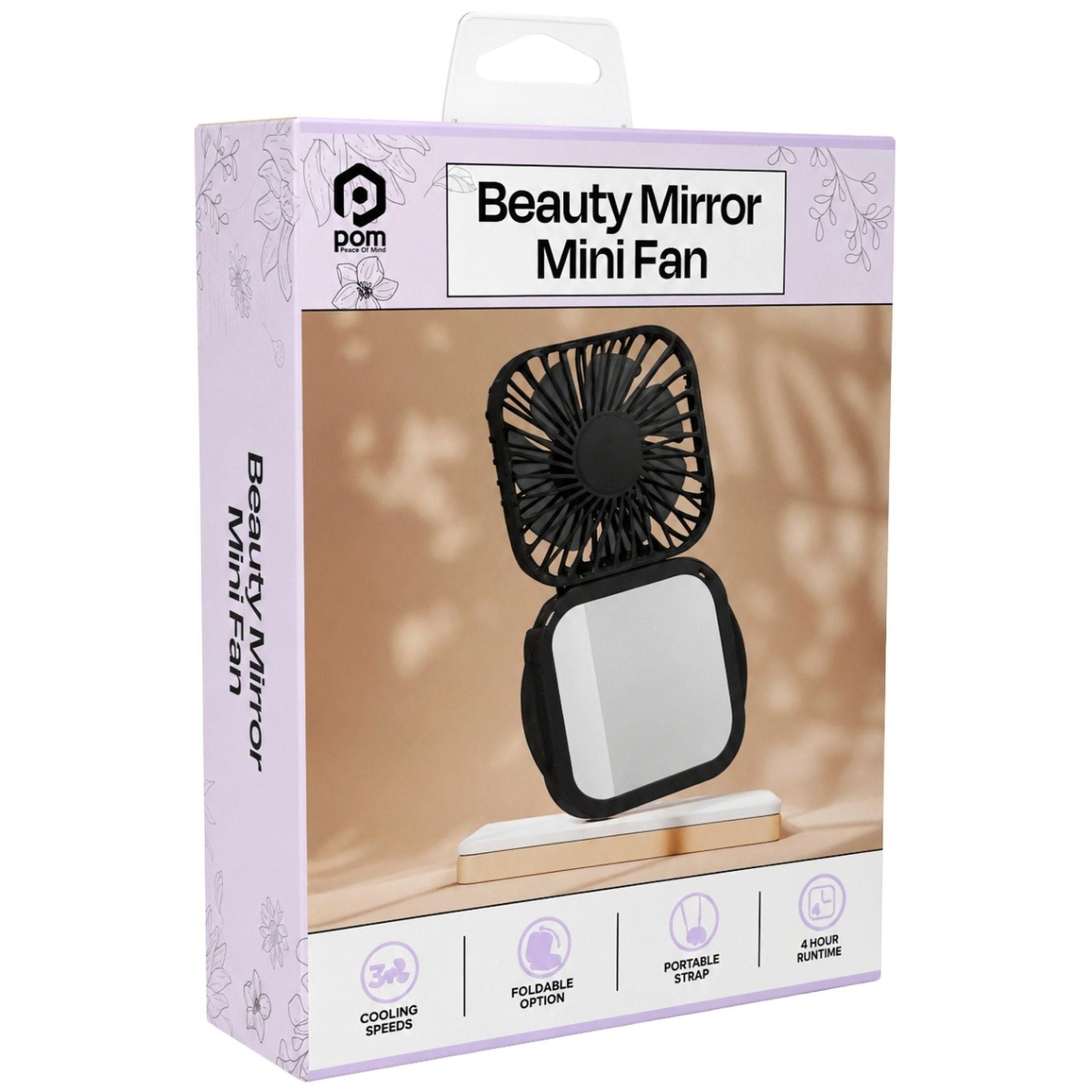POM Gear Rechargeable Folding Beauty Mini Fan with Mirror & Neck Strap in Black image