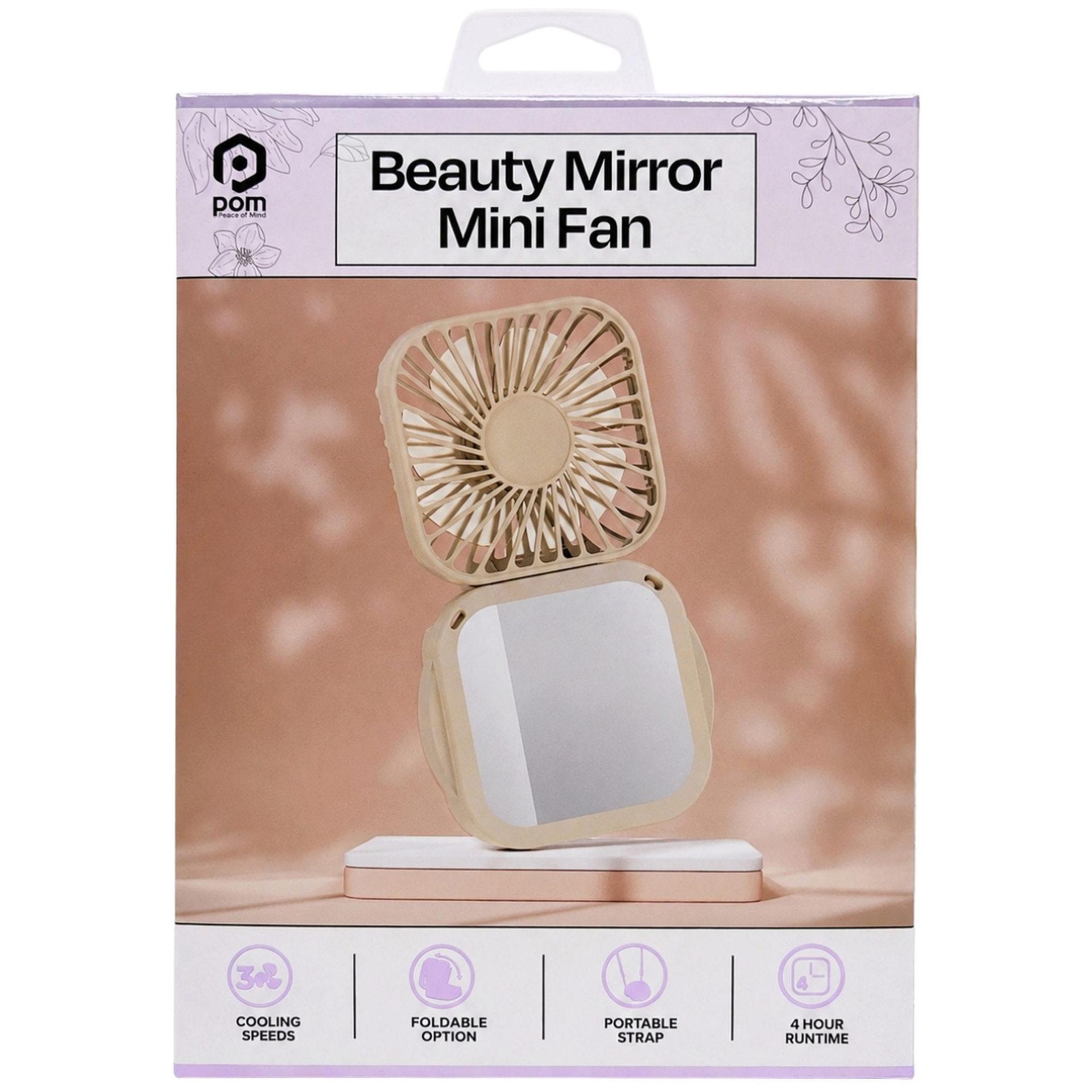 POM Gear Rechargeable Folding Beauty Mini Fan with Mirror & Neck Strap in Tan image