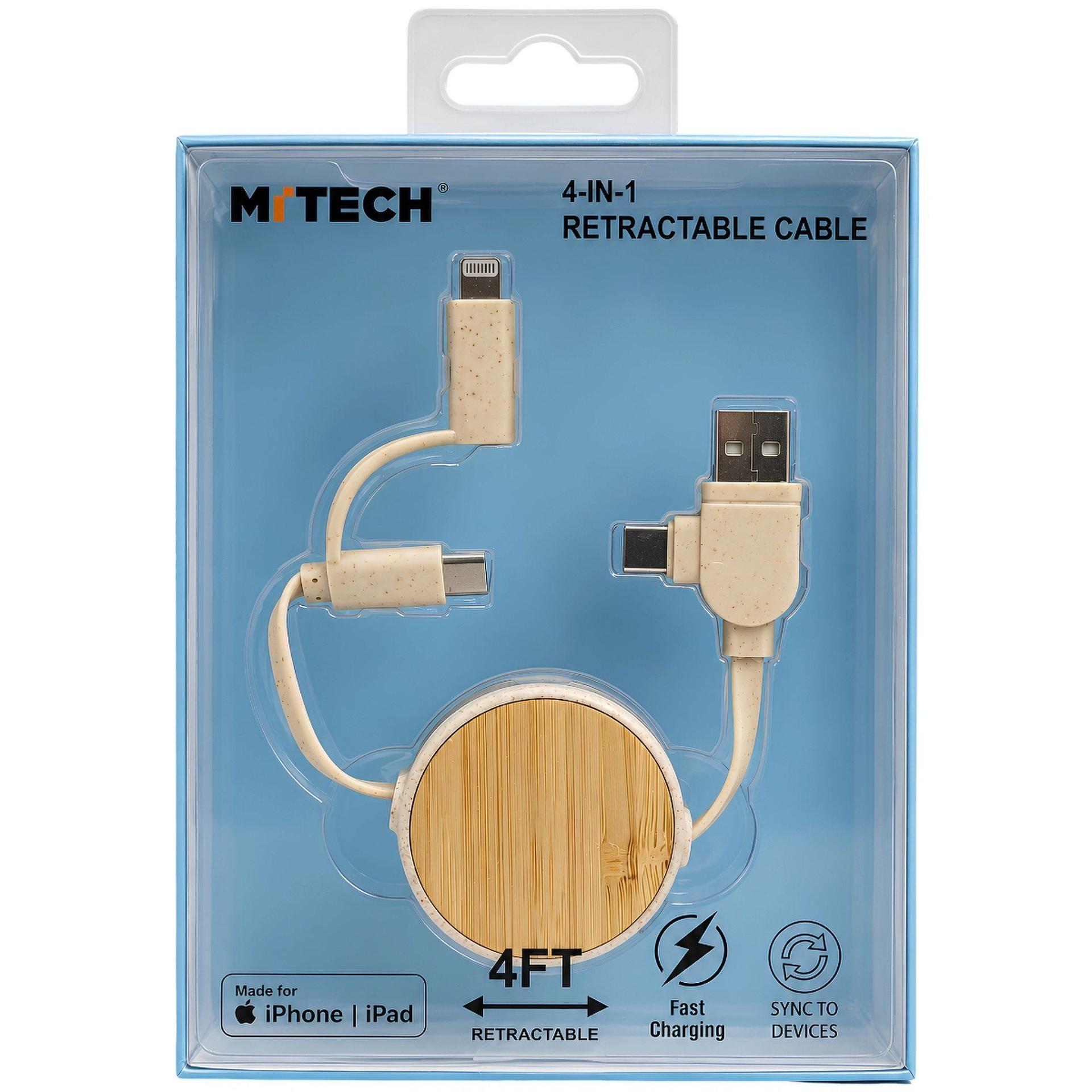MiTech 4 in 1 Retractable 4 Foot MFI Certified Lightning and Type C Fast Charging Cable in Cream image