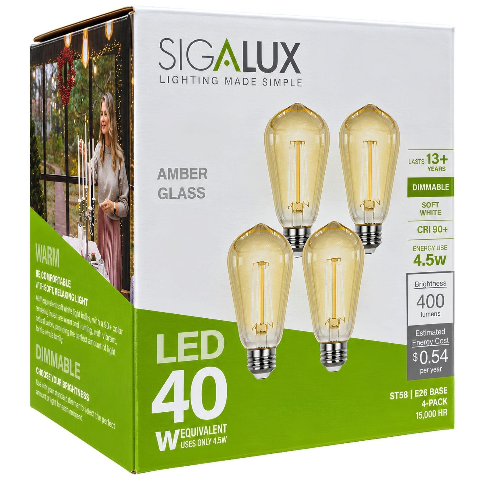 Sigalux 4 Pack 40W Equivalent ST58 E26 Base Dimmable LED Amber Glass Edison Bulbs image