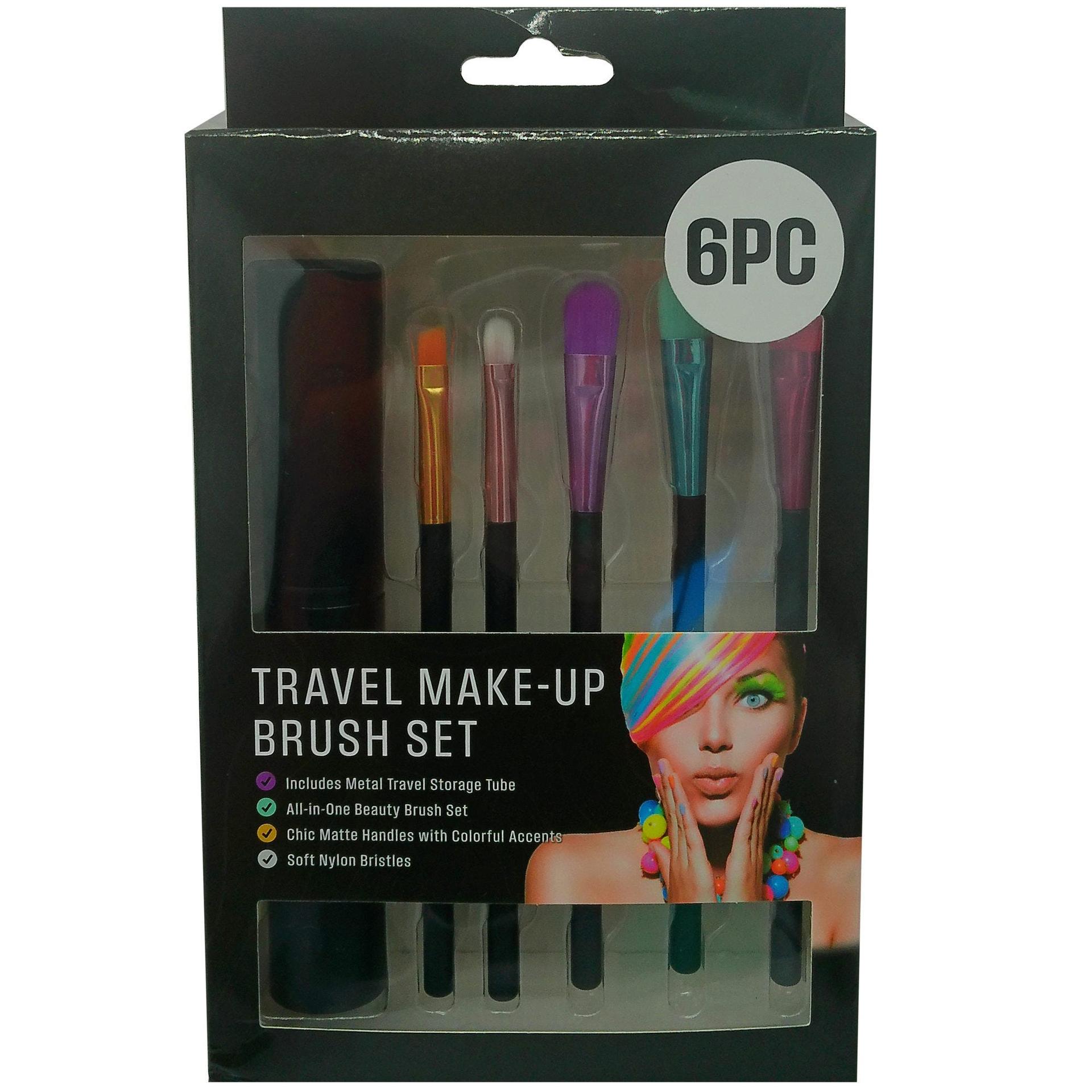 6 Pack Black Handle Colorful Tip Travel Make-Up Brush Set with Tube Case image
