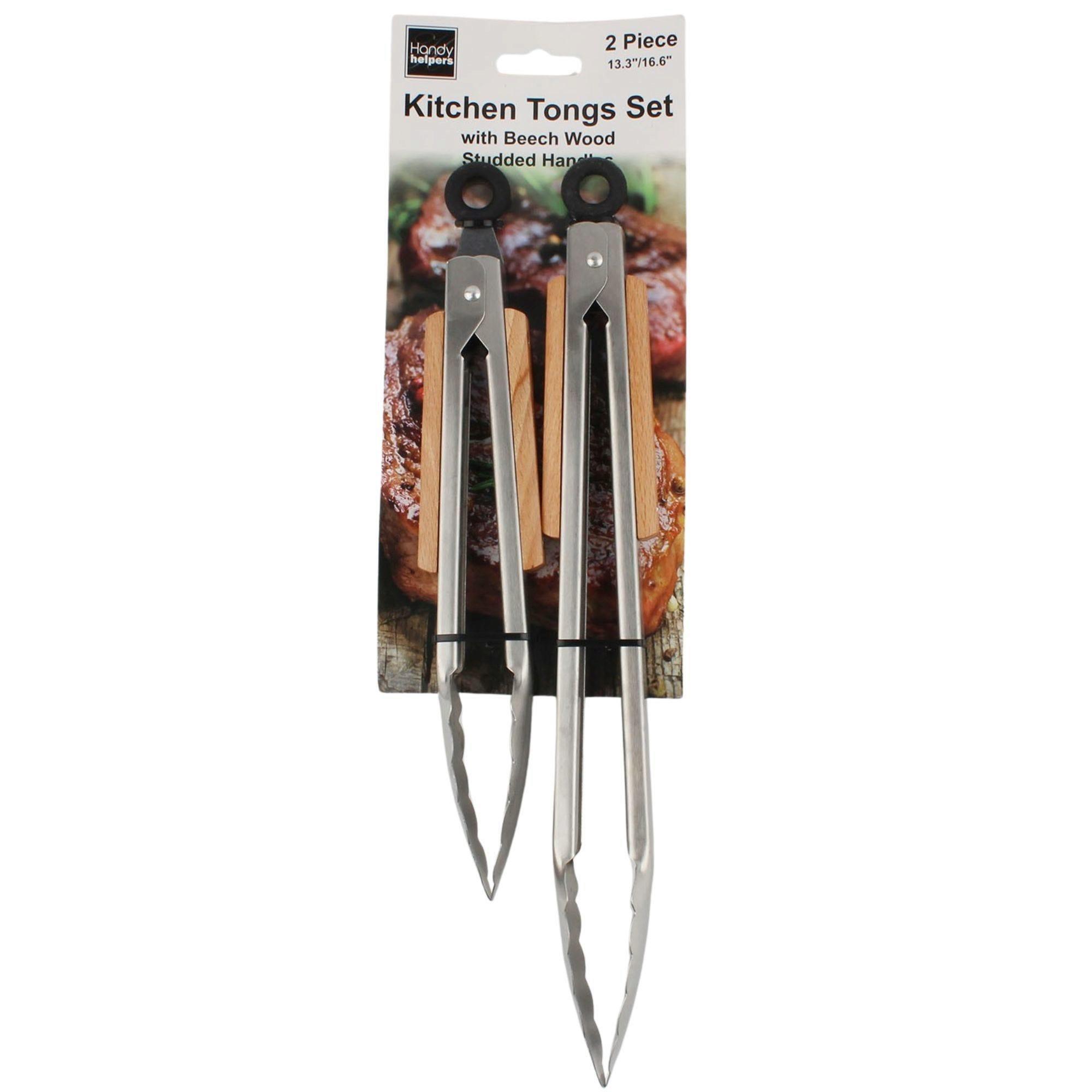 2 Piece Kitchen Tongs Set with Beech Wood Studded Handles image