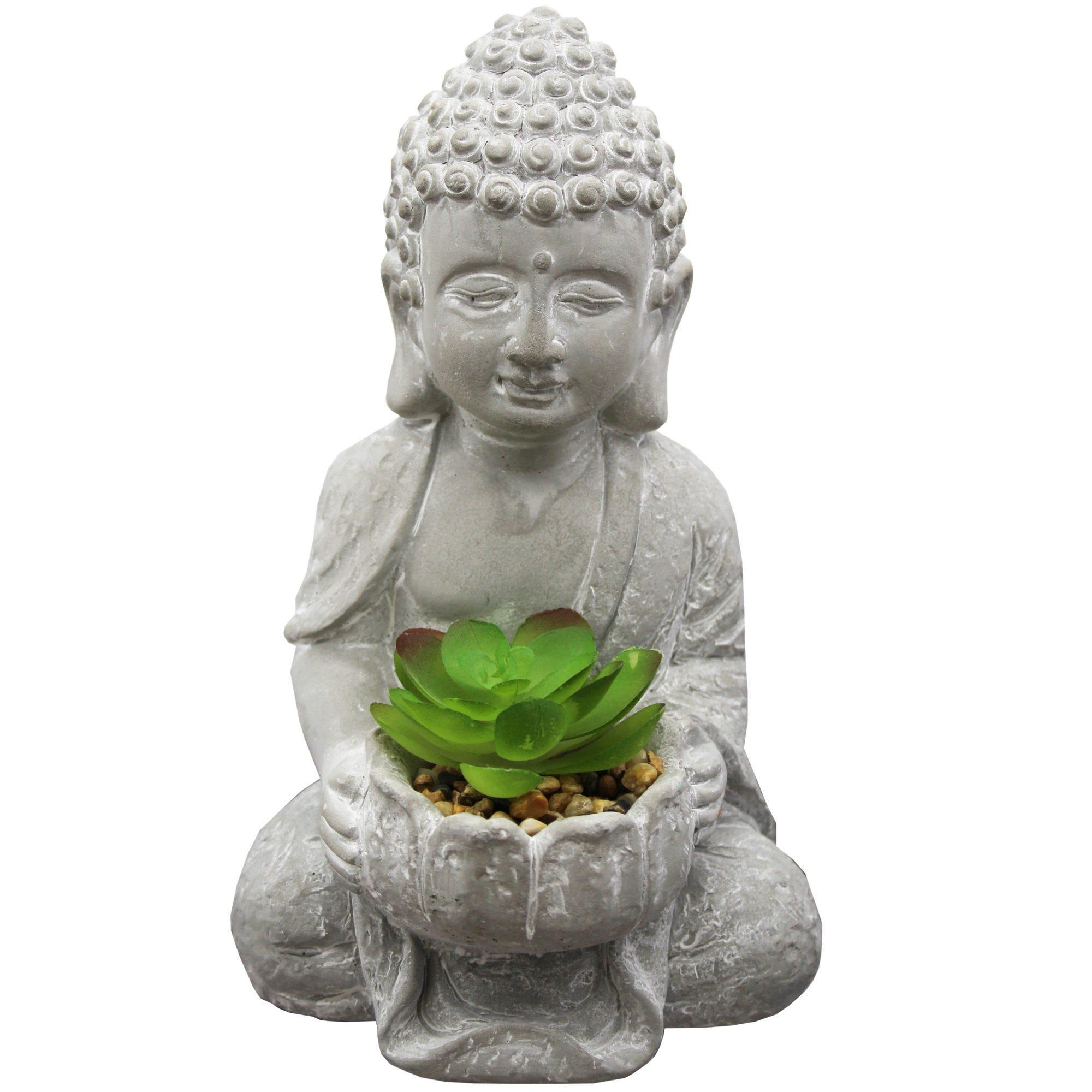 8" Tall Decorative Buddha Statue with Fake Plants and Rocks image