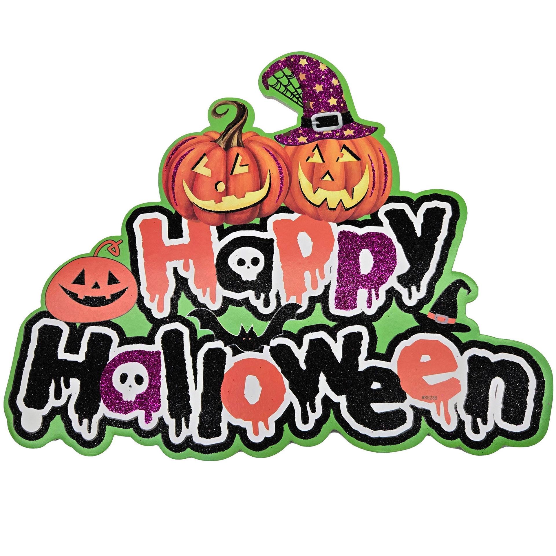 Festive Happy Halloween Core Board Hanging Decor with Jack O' Lanterns and Witch Hat image