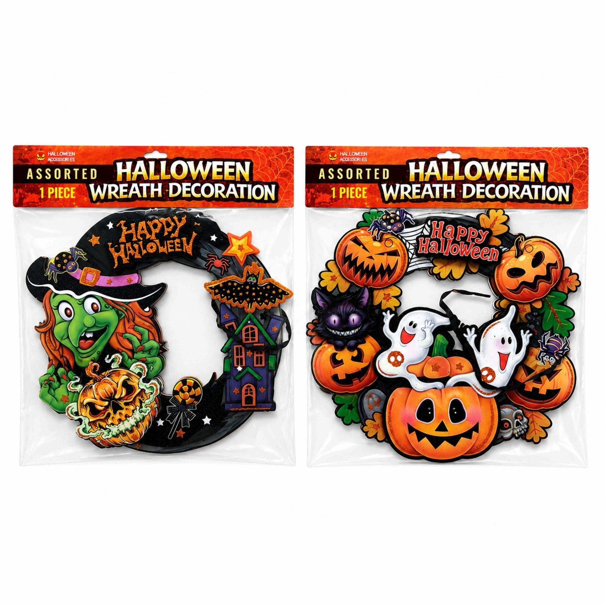 Assorted Halloween Wreath Decorations with Witches Ghosts and Skulls image