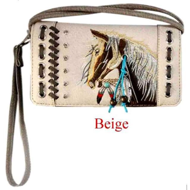 Wholesale Rhinestone Wallet Purse with Horse Embroidery - Beige image