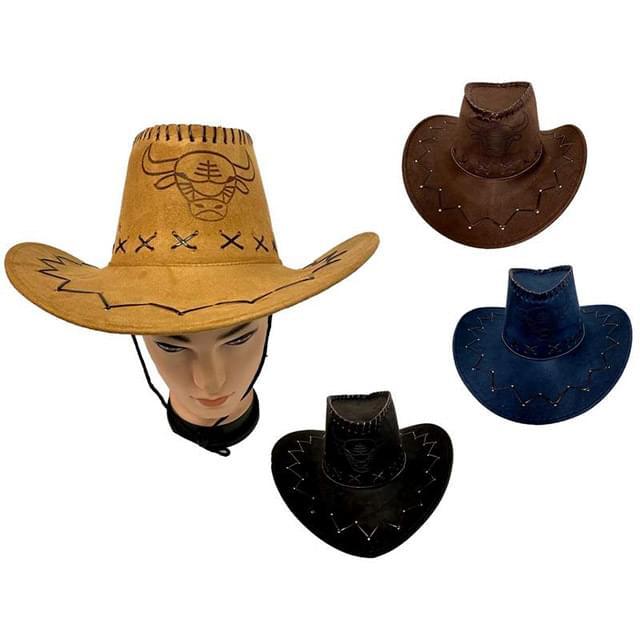 Suede PU Leather Western Cowboy Hats with bull print on front