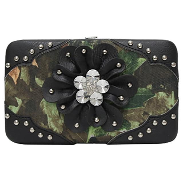 Wholesale Rhinestone Flower Design Camo Print Black Wallets